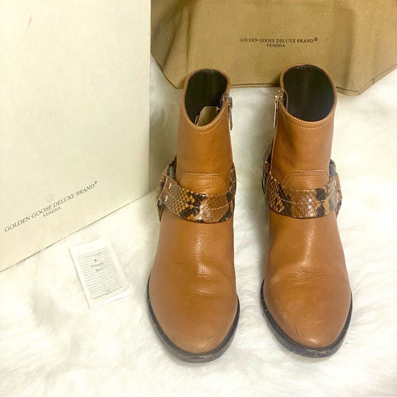 Golden Goose Bretagne Brown Leather Snakeskin Ankle Boots ~Western Moto Boots GG - Picture 3 of 16